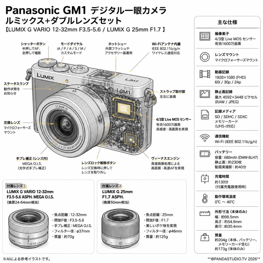 Panasonic GM1 デジタル一眼カメラ ルミックス+ダブルレンズ【LUMIX G VARIO 12-32mm F3.5-5.6 / LUMIX G 25mm F1.7 】セット スペック