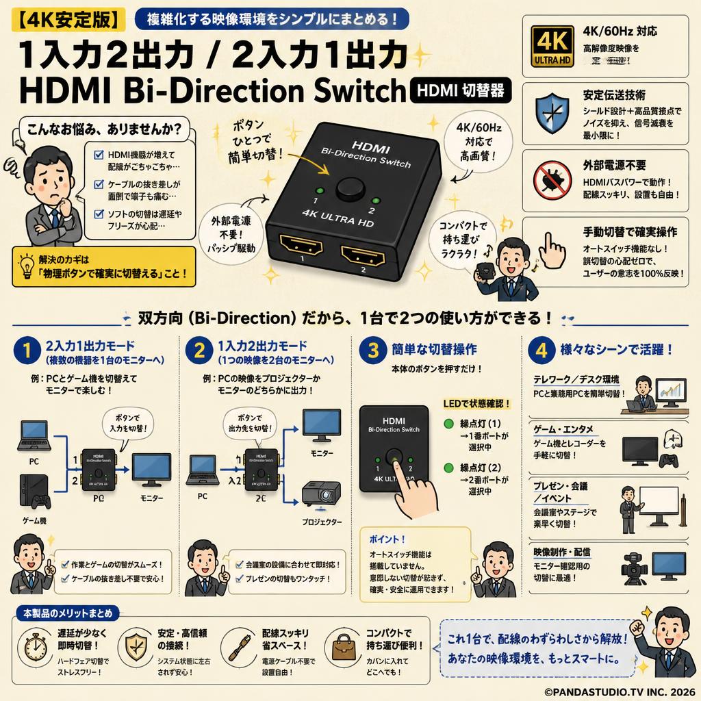 【4K安定版】1入力2出力/2入力1出力 HDMI Bi-Direction Switch HDMI 切替器 概要