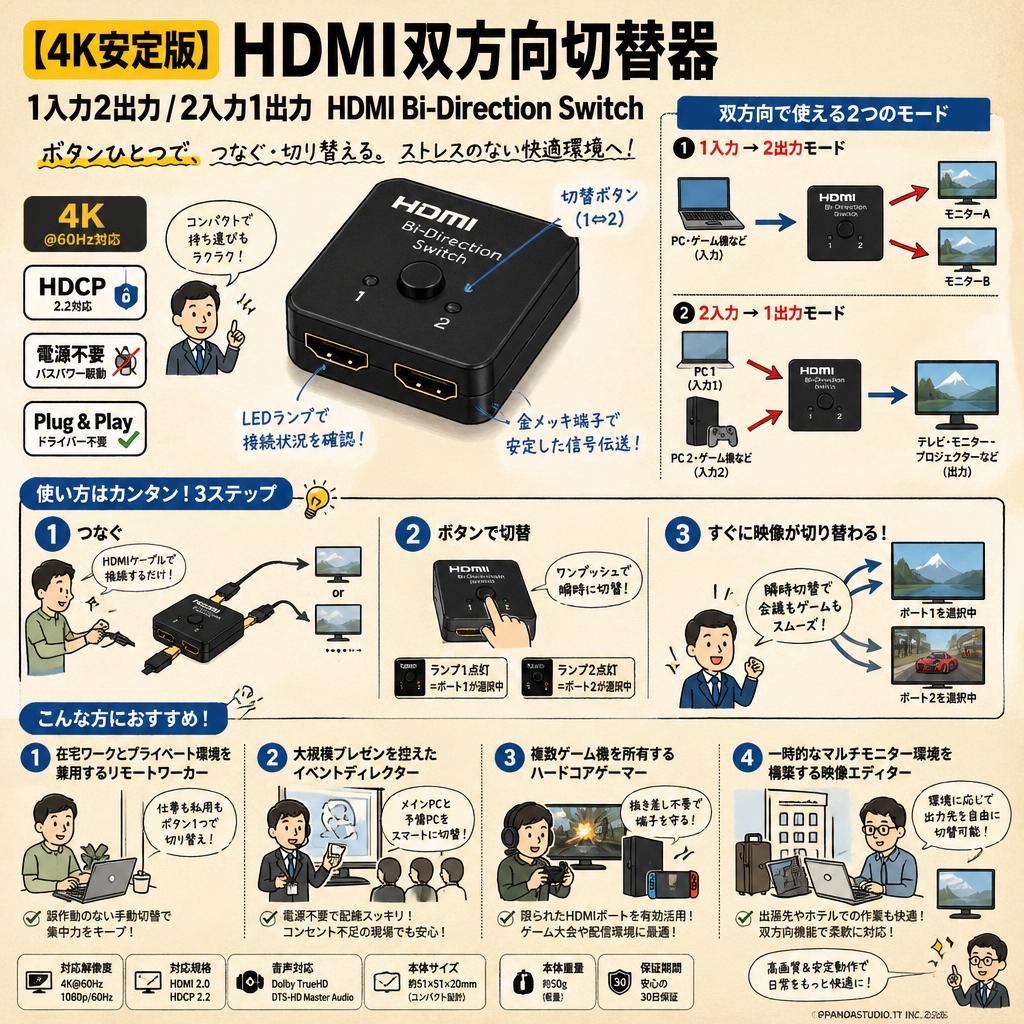 【4K安定版】1入力2出力/2入力1出力 HDMI Bi-Direction Switch HDMI 切替器 おもな対象のお客様