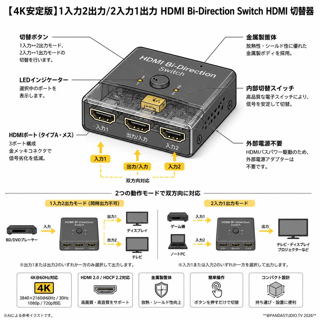 【4K安定版】1入力2出力/2入力1出力 HDMI Bi-Direction Switch HDMI 切替器 スペック