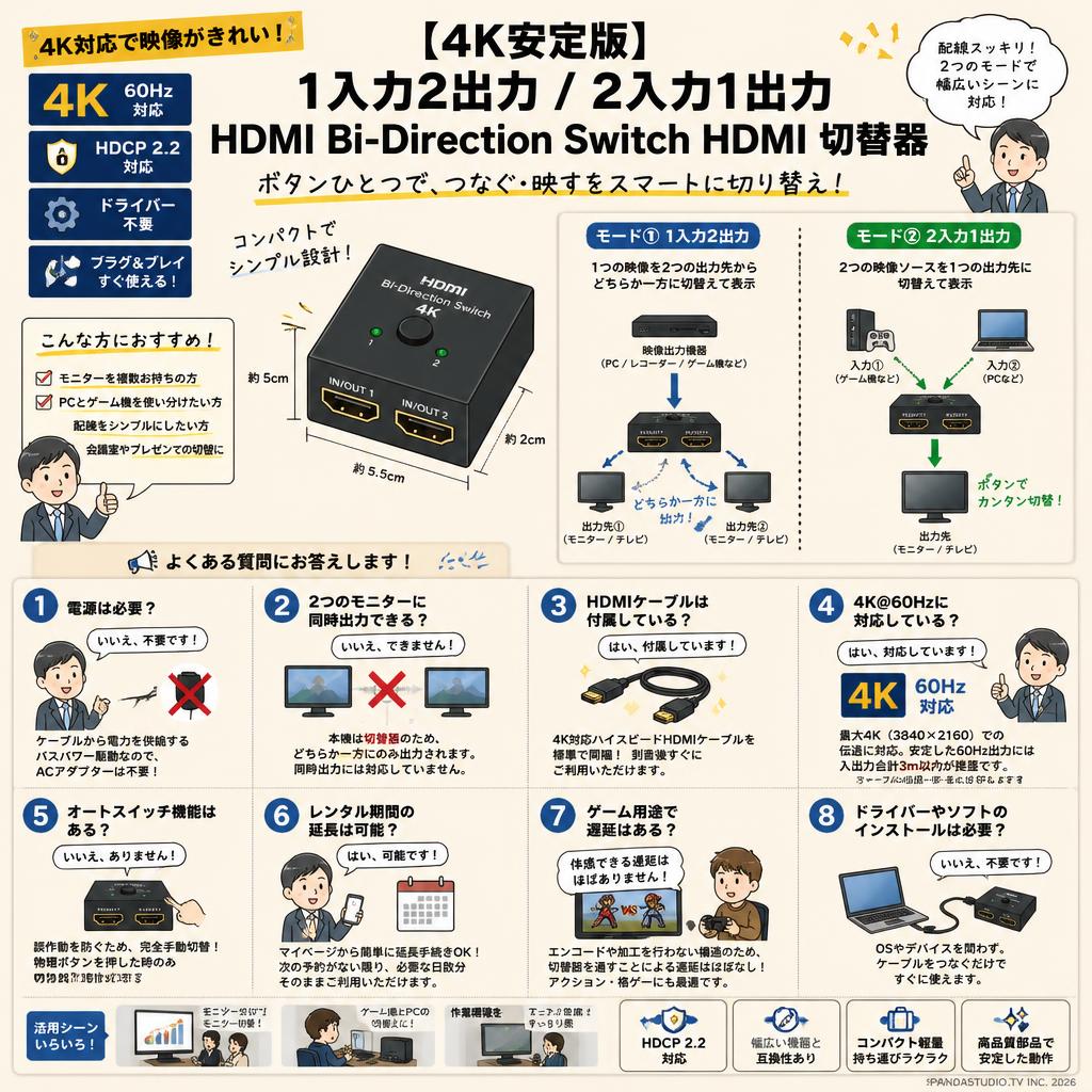 【4K安定版】1入力2出力/2入力1出力 HDMI Bi-Direction Switch HDMI 切替器 FAQ（よくある質問と答え）