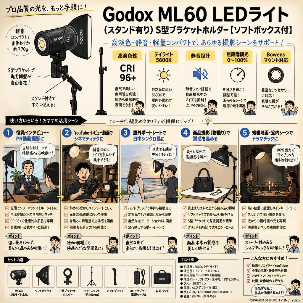Godox ML60 LEDライト(スタンド有り)S型ブラケットホルダー【ソフトボックス付】 用途