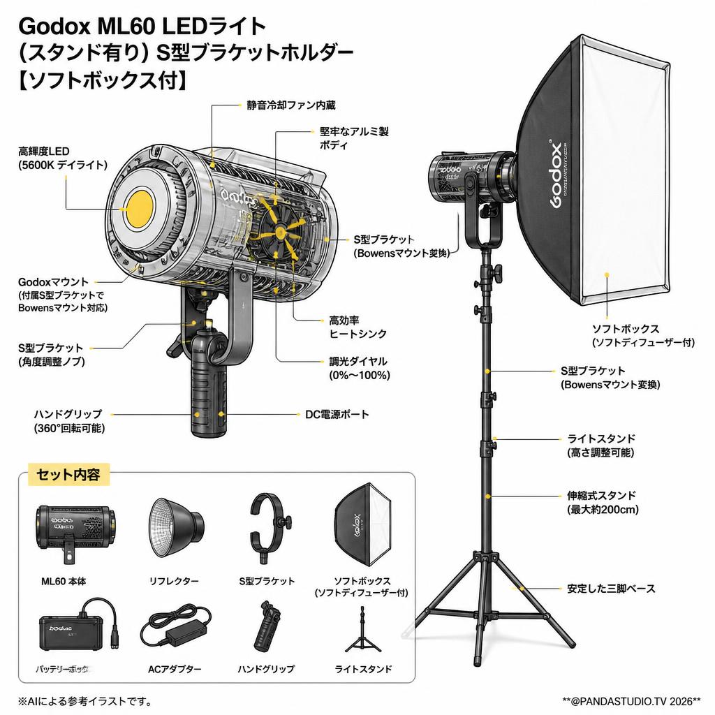 Godox ML60 LEDライト(スタンド有り)S型ブラケットホルダー【ソフトボックス付】 スペック