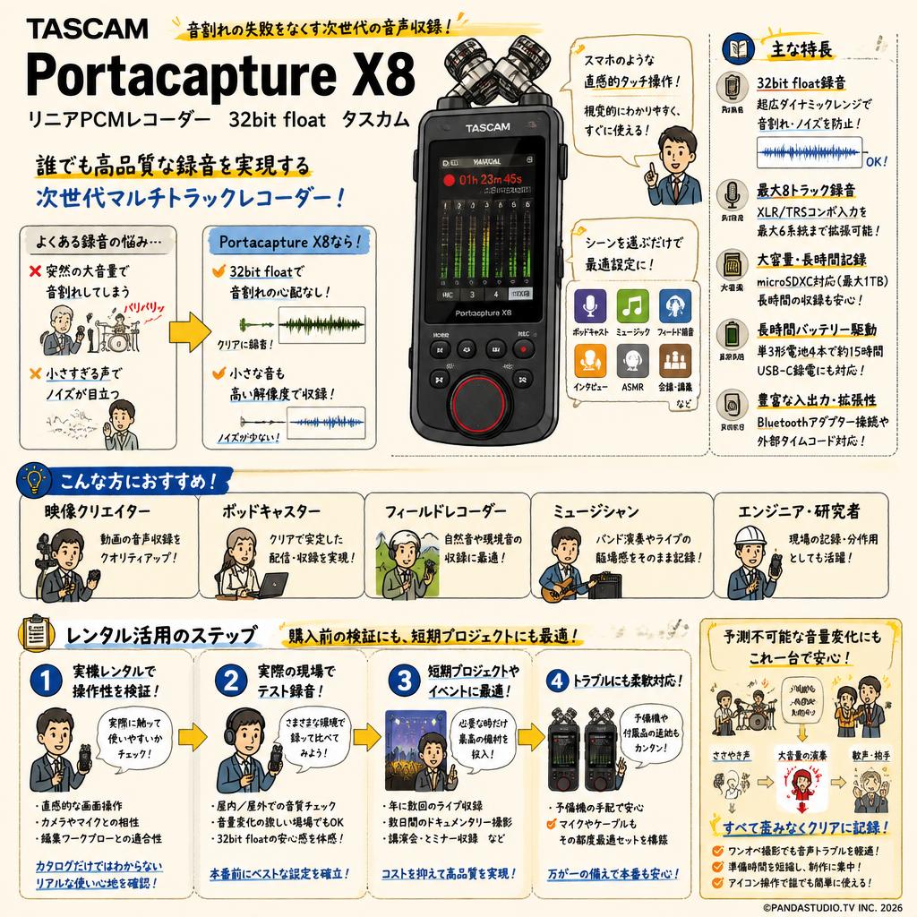 TASCAM Portacapture X8 リニアPCMレコーダー　32bit float タスカム 概要