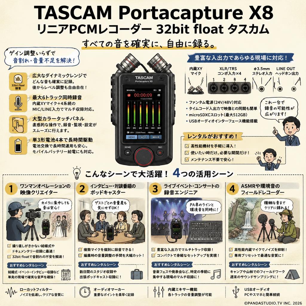 TASCAM Portacapture X8 リニアPCMレコーダー　32bit float タスカム おもな対象のお客様