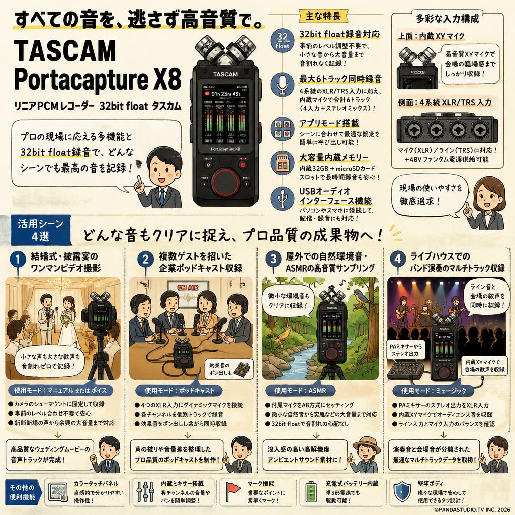 TASCAM Portacapture X8 リニアPCMレコーダー　32bit float タスカム 用途