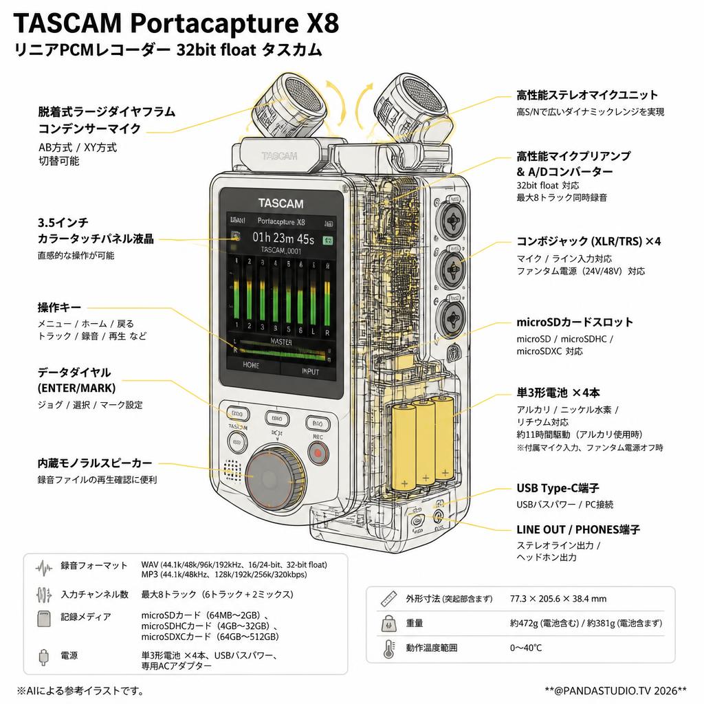 TASCAM Portacapture X8 リニアPCMレコーダー　32bit float タスカム スペック