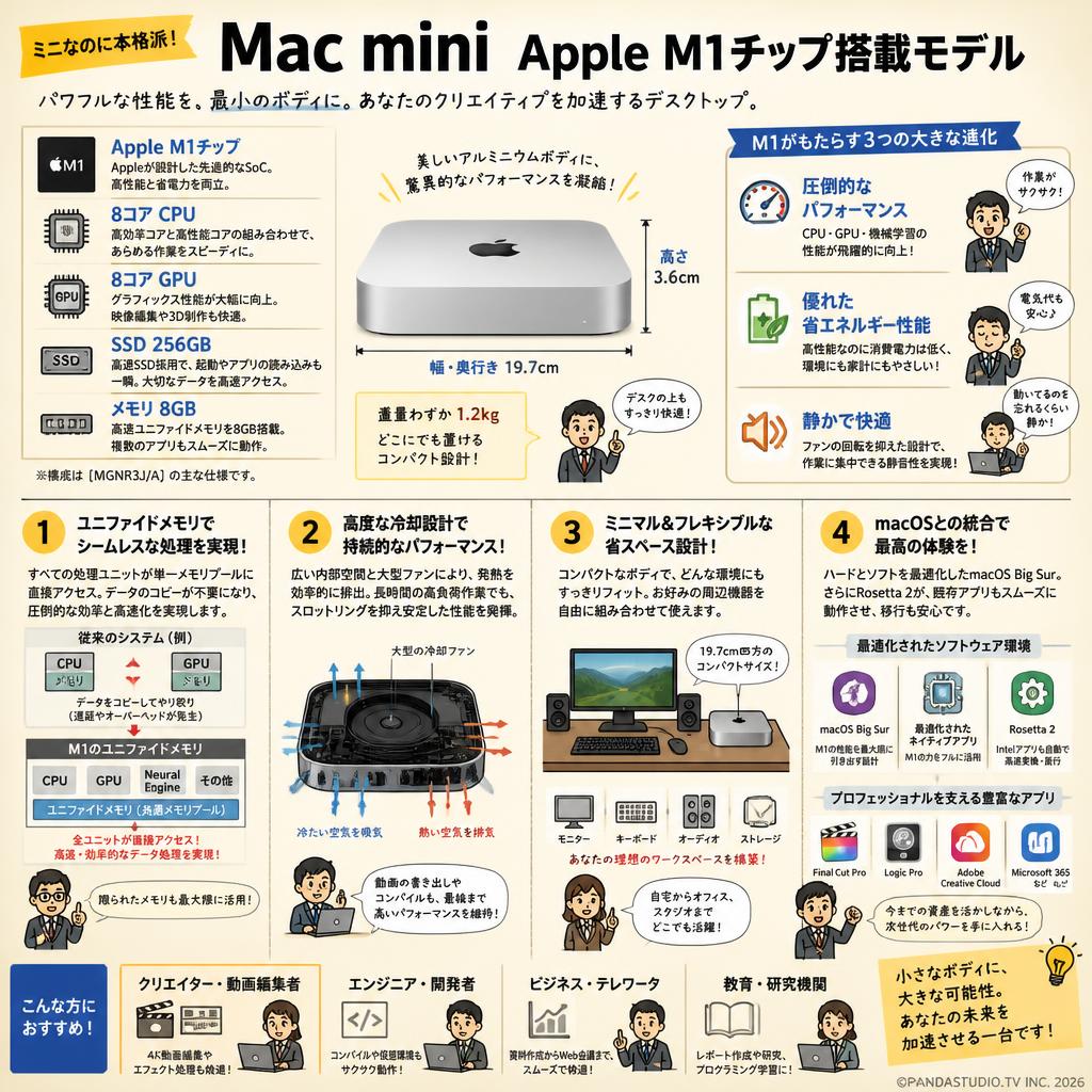 Mac mini Apple M1チップ/8コアCPU/8コアGPU/SSD 256GB/メモリ 8GB [MGNR3J/A] 概要