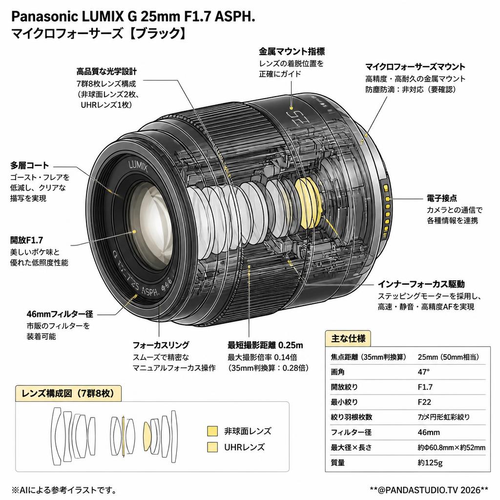 Panasonic LUMIX G 25mm F1.7 ASPH.マイクロフォーサーズ【ブラック】 スペック