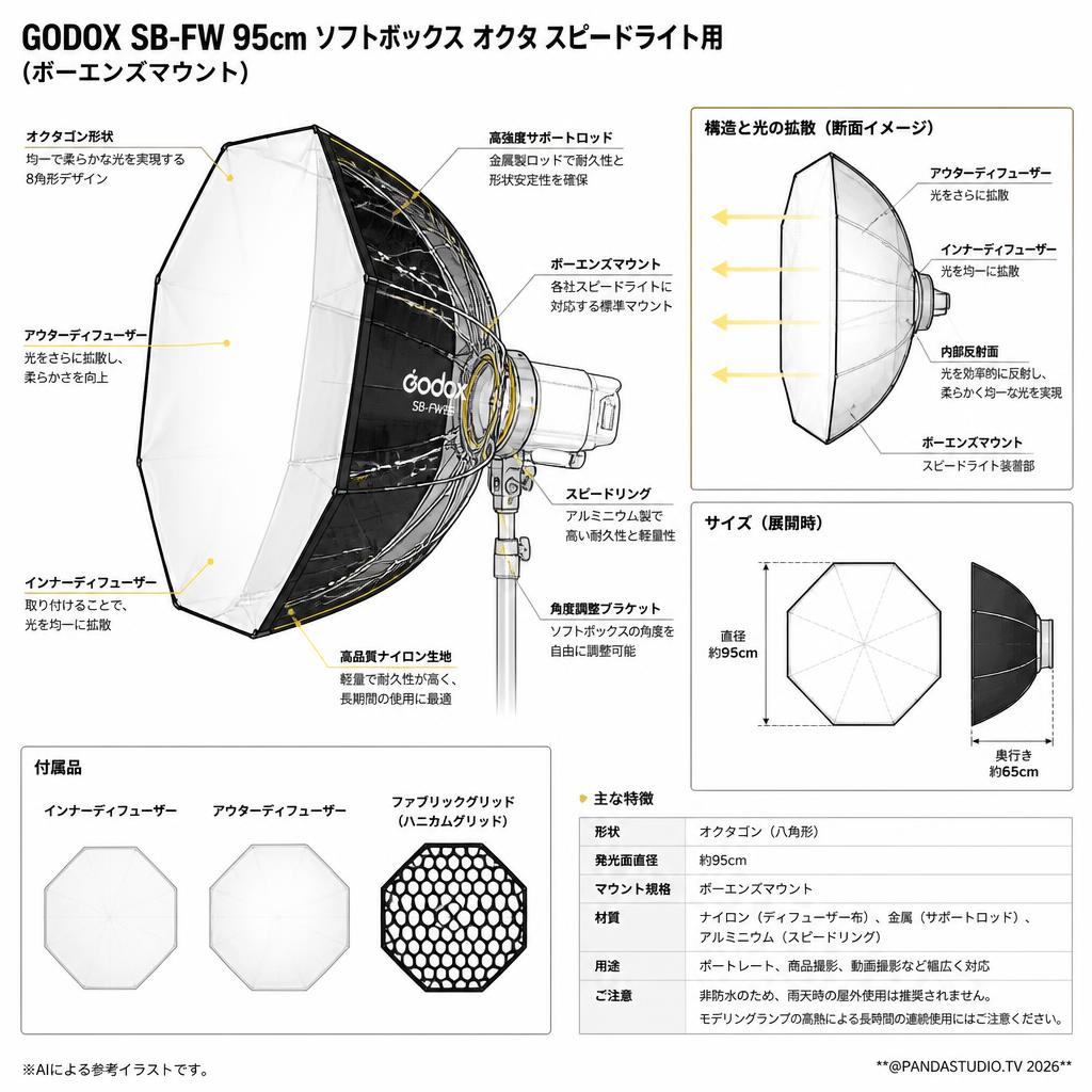 GODOX SB-FW 95cm ソフトボックス オクタ スピードライト用 (ボーエンズマウント) スペック
