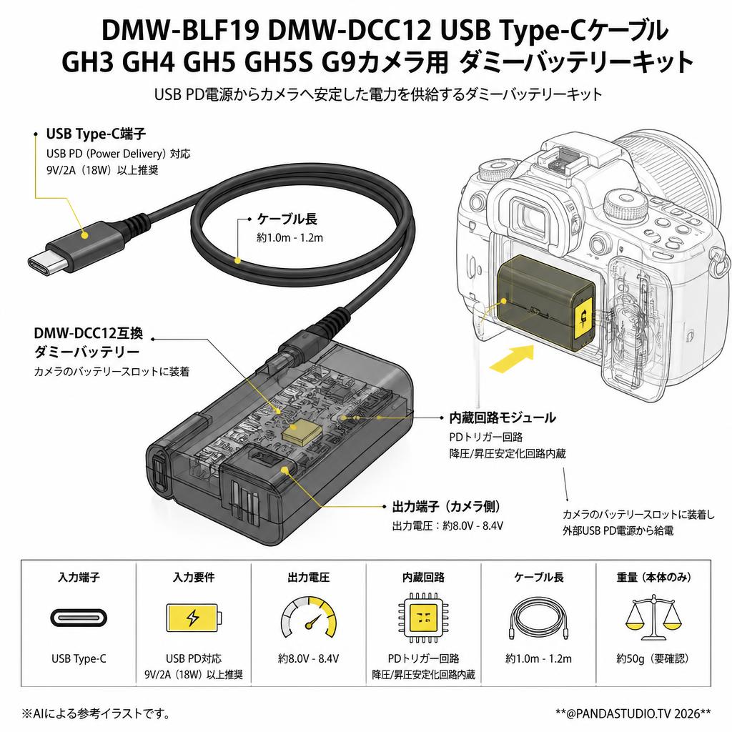 DMW-BLF19 DMW-DCC12 USBType-CケーブルGH3 GH4 GH5 GH5SG9カメラ用ダミーバッテリーキット スペック