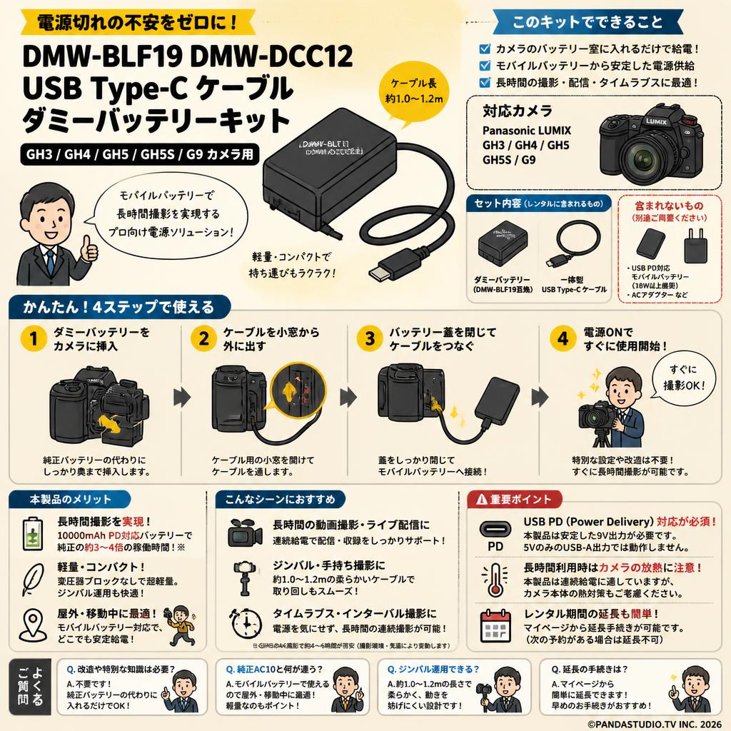 DMW-BLF19 DMW-DCC12 USBType-CケーブルGH3 GH4 GH5 GH5SG9カメラ用ダミーバッテリーキット FAQ（よくある質問と答え）