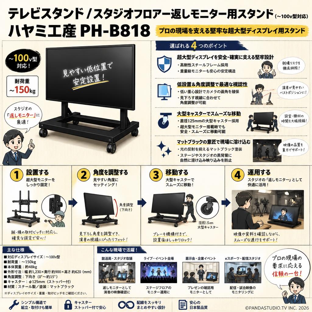 テレビスタンド /スタジオフロアー返しモニター用スタンド (~100v型対応) ハヤミ工産PH-B818 概要