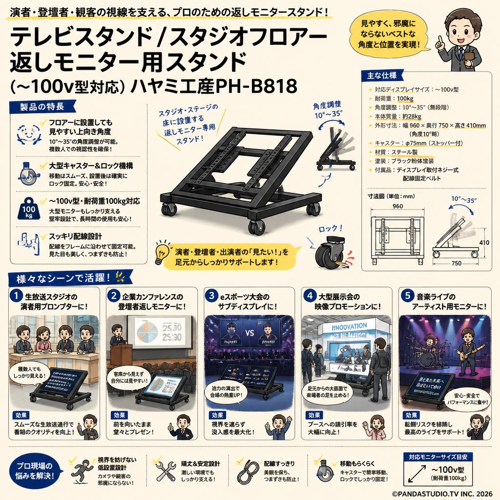 テレビスタンド /スタジオフロアー返しモニター用スタンド (~100v型対応) ハヤミ工産PH-B818 用途