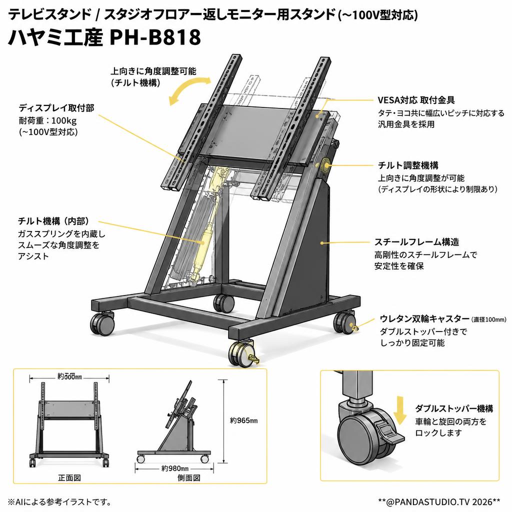 テレビスタンド /スタジオフロアー返しモニター用スタンド (~100v型対応) ハヤミ工産PH-B818 スペック