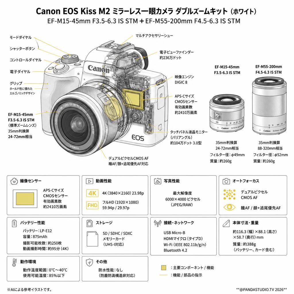Canon EOS Kiss M2 ミラーレス一眼カメラ ダブルズームキット EF-M15-45mm F3.5-6.3 IS STM＋EF-M55-200mm F4.5-6.3 IS STM (ホワイト） スペック