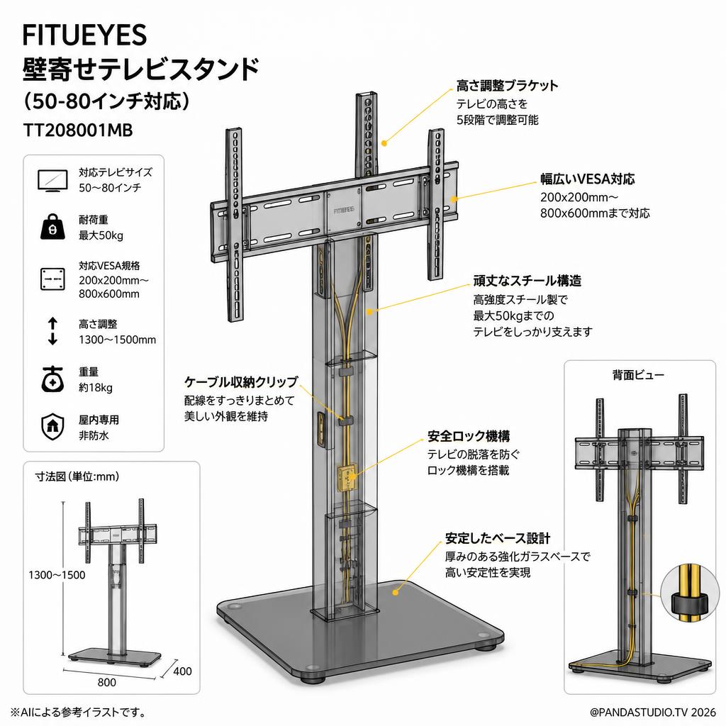 FITUEYES 壁寄せテレビスタンド（50-80インチ対応）TT208001MB スペック