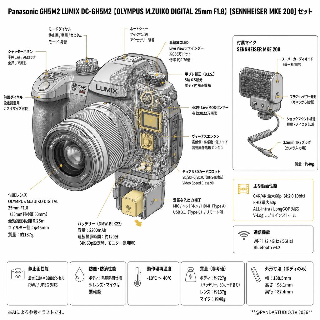 Panasonic GH5M2 LUMIX DC-GH5M2【OLYMPUS M.ZUIKO DIGITAL 25mm F1.8】【SENNHEISER  MKE 200】セット スペック