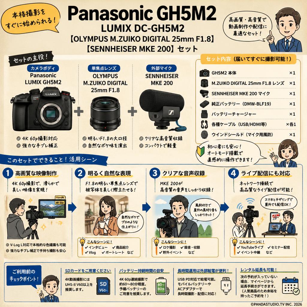 Panasonic GH5M2 LUMIX DC-GH5M2【OLYMPUS M.ZUIKO DIGITAL 25mm F1.8】【SENNHEISER  MKE 200】セット FAQ（よくある質問と答え）