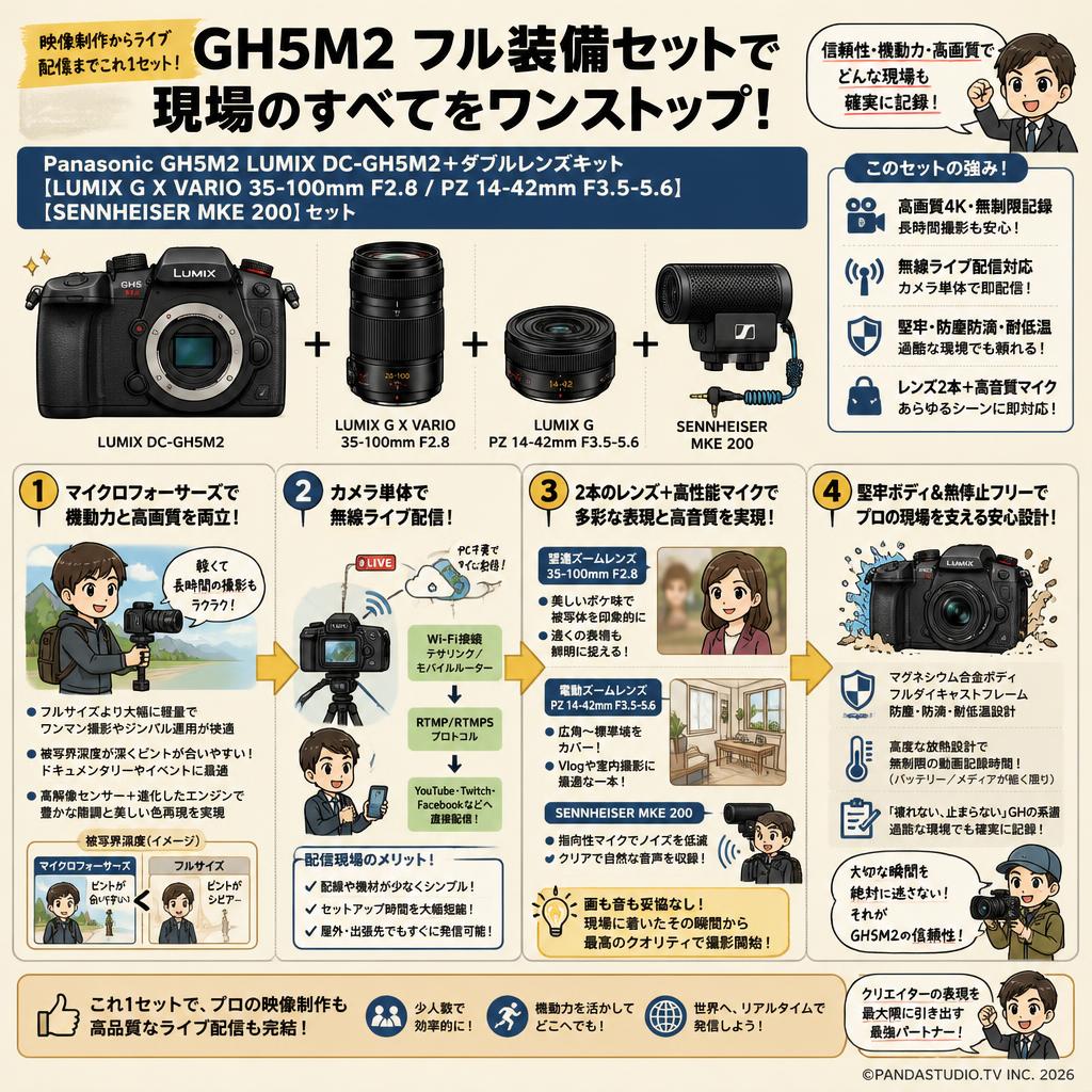 Panasonic GH5M2 LUMIX DC-GH5M2＋ダブルレンズキット【LUMIX G X VARIO 35-100mm F2.8 /PZ 14-42mm F3.5-5.6 】【SENNHEISER  MKE 200】セット 概要