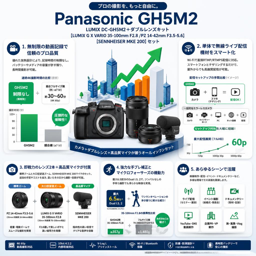 Panasonic GH5M2 LUMIX DC-GH5M2＋ダブルレンズキット【LUMIX G X VARIO 35-100mm F2.8 /PZ 14-42mm F3.5-5.6 】【SENNHEISER  MKE 200】セット セールスポイント