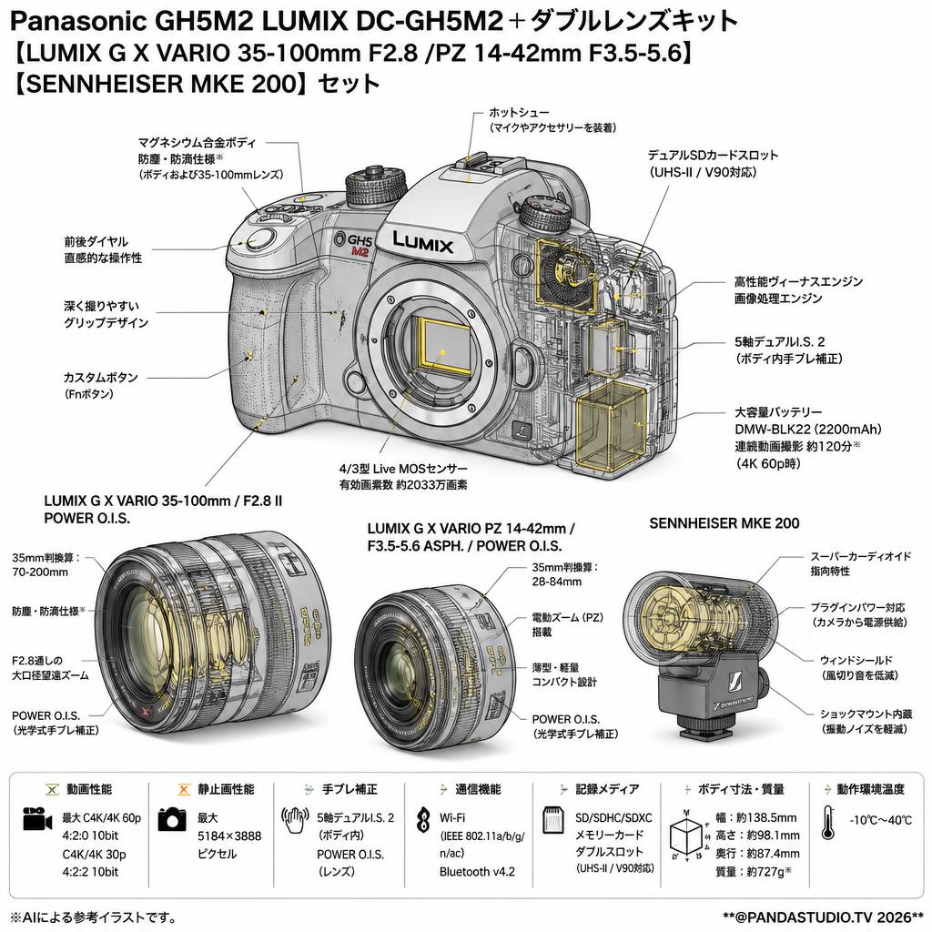 Panasonic GH5M2 LUMIX DC-GH5M2＋ダブルレンズキット【LUMIX G X VARIO 35-100mm F2.8 /PZ 14-42mm F3.5-5.6 】【SENNHEISER  MKE 200】セット スペック