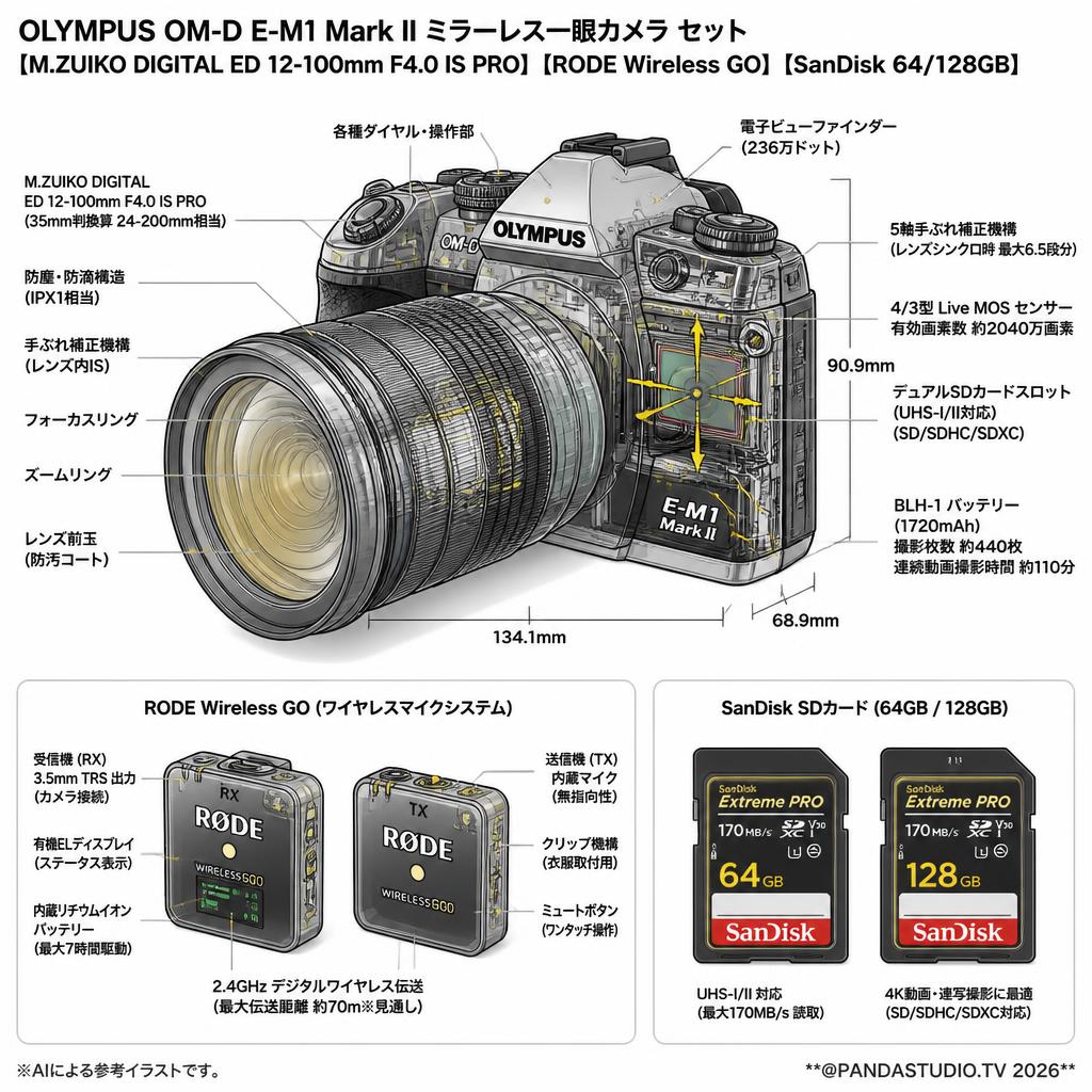 OLYMPUS OM-D E-M1 Mark IIミラーレス一眼カメラ【M.ZUIKO DIGITAL ED 12-100mm F4.0 IS PRO】【RODE Wireless GO】【SanDisk  64/128GB】セット スペック