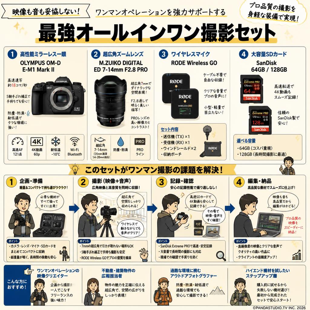 OLYMPUS OM-D E-M1 Mark II ミラーレス一眼カメラ【M.ZUIKO DIGITAL ED 7-14mm F2.8 PRO 】【RODE Wireless GO】【SanDisk 64/128GB】セット おもな対象のお客様
