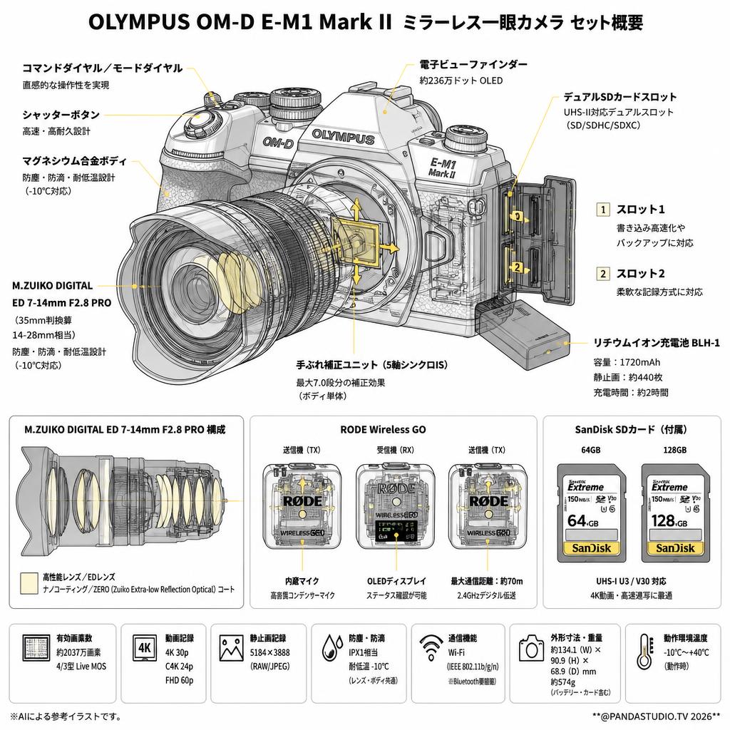 OLYMPUS OM-D E-M1 Mark II ミラーレス一眼カメラ【M.ZUIKO DIGITAL ED 7-14mm F2.8 PRO 】【RODE Wireless GO】【SanDisk 64/128GB】セット スペック