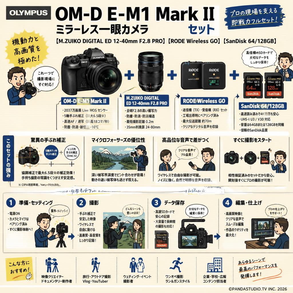 OLYMPUS OM-D E-M1 Mark II ミラーレス一眼カメラ【M.ZUIKO DIGITAL ED 12-40mm F2.8 PRO 】【RODE Wireless GO】【SanDisk 64/128GB】セット 概要
