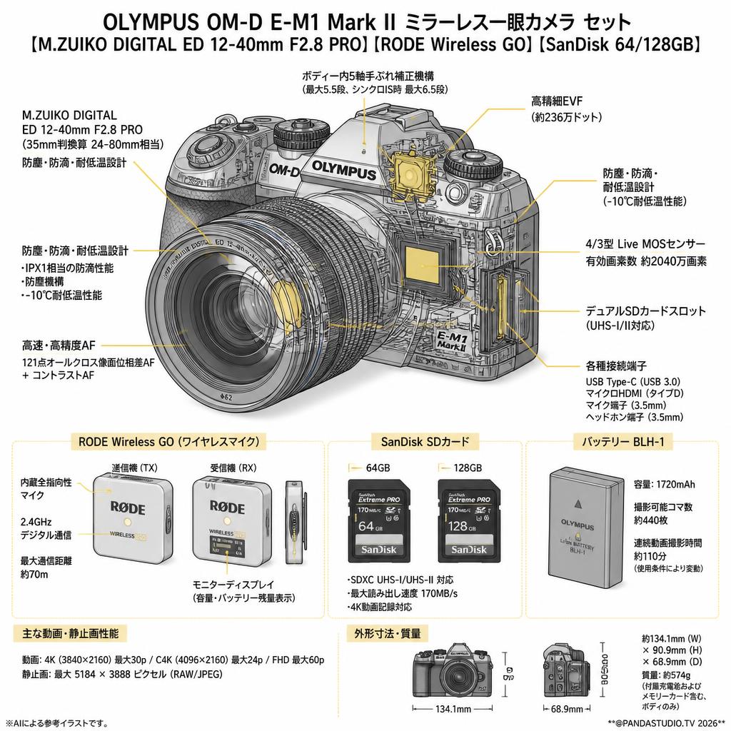 OLYMPUS OM-D E-M1 Mark II ミラーレス一眼カメラ【M.ZUIKO DIGITAL ED 12-40mm F2.8 PRO 】【RODE Wireless GO】【SanDisk 64/128GB】セット スペック