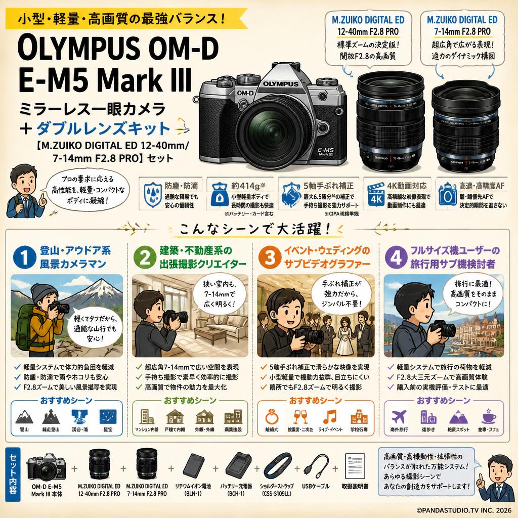 OLYMPUS OM-D E-M5 Mark III ミラーレス一眼カメラ ＋ダブルレンズキット【M.ZUIKO DIGITAL ED 12-40mm/7-14mm F2.8 PRO】セット おもな対象のお客様