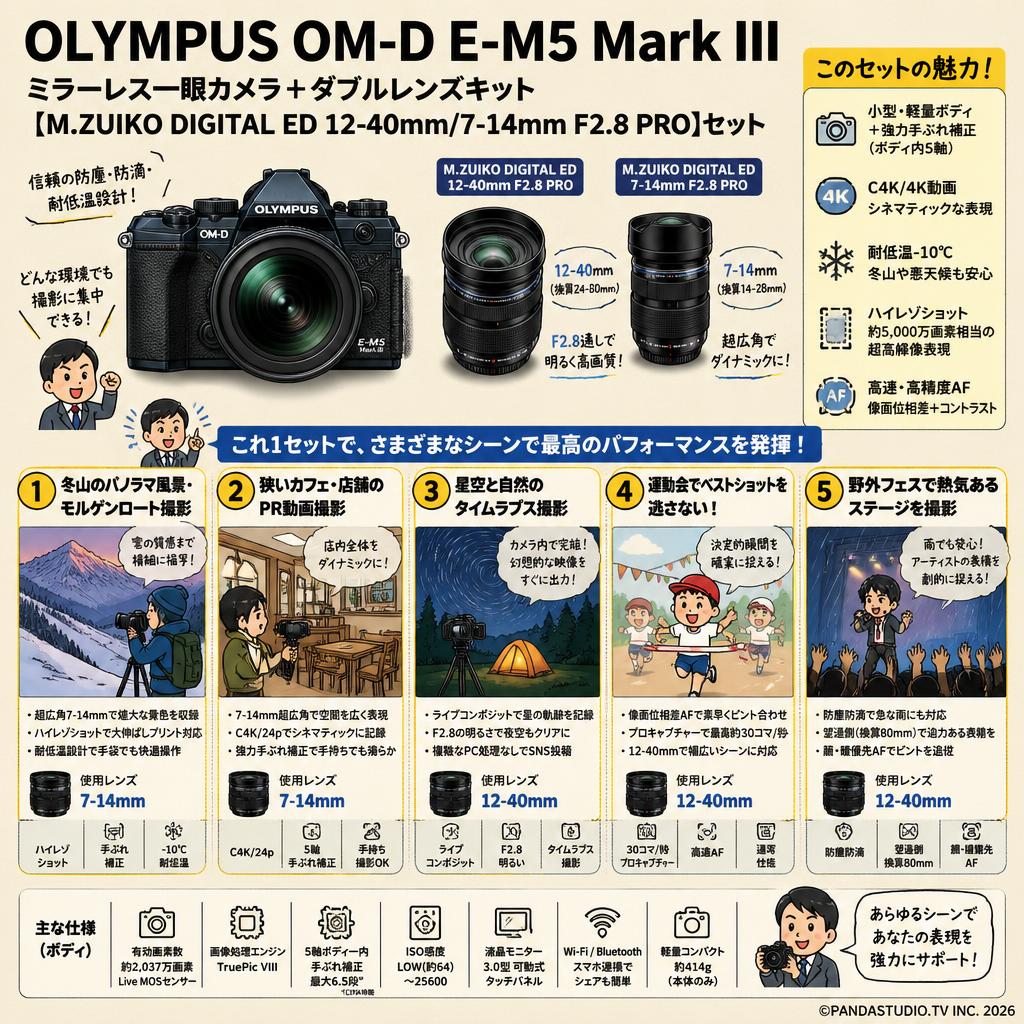 OLYMPUS OM-D E-M5 Mark III ミラーレス一眼カメラ ＋ダブルレンズキット【M.ZUIKO DIGITAL ED 12-40mm/7-14mm F2.8 PRO】セット 用途