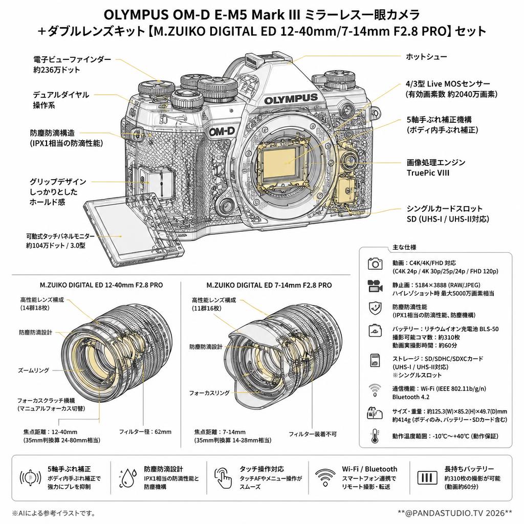 OLYMPUS OM-D E-M5 Mark III ミラーレス一眼カメラ ＋ダブルレンズキット【M.ZUIKO DIGITAL ED 12-40mm/7-14mm F2.8 PRO】セット スペック
