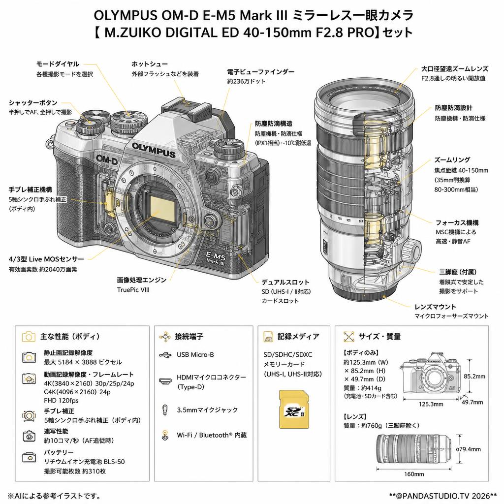 OLYMPUS OM-D E-M5 Mark III ミラーレス一眼カメラ 【 M.ZUIKO DIGITAL ED 40-150mm F2.8 PRO】セット スペック