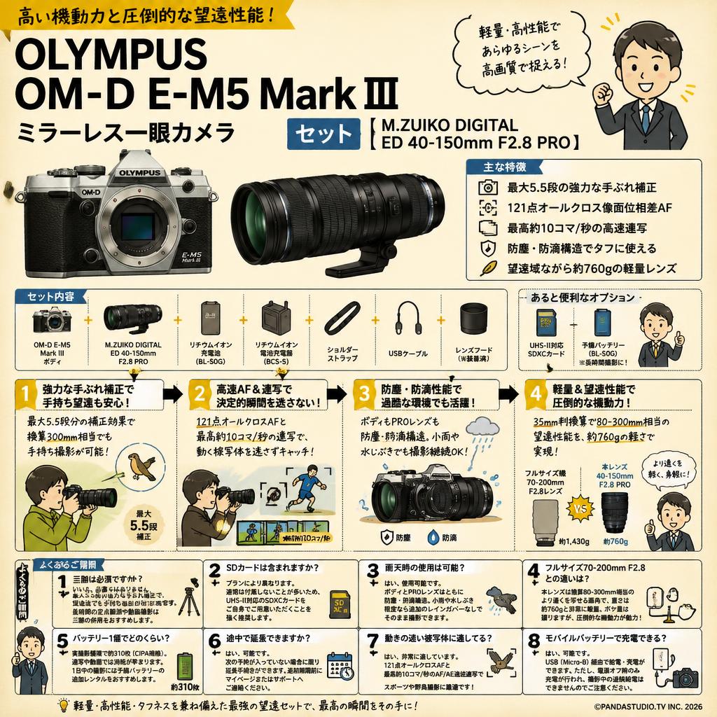 OLYMPUS OM-D E-M5 Mark III ミラーレス一眼カメラ 【 M.ZUIKO DIGITAL ED 40-150mm F2.8 PRO】セット FAQ（よくある質問と答え）