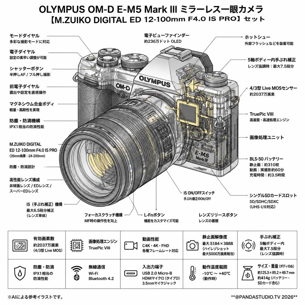 OLYMPUS OM-D E-M5 Mark III ミラーレス一眼カメラ 【M.ZUIKO DIGITAL ED 12-100mm F4.0 IS PRO】セット スペック