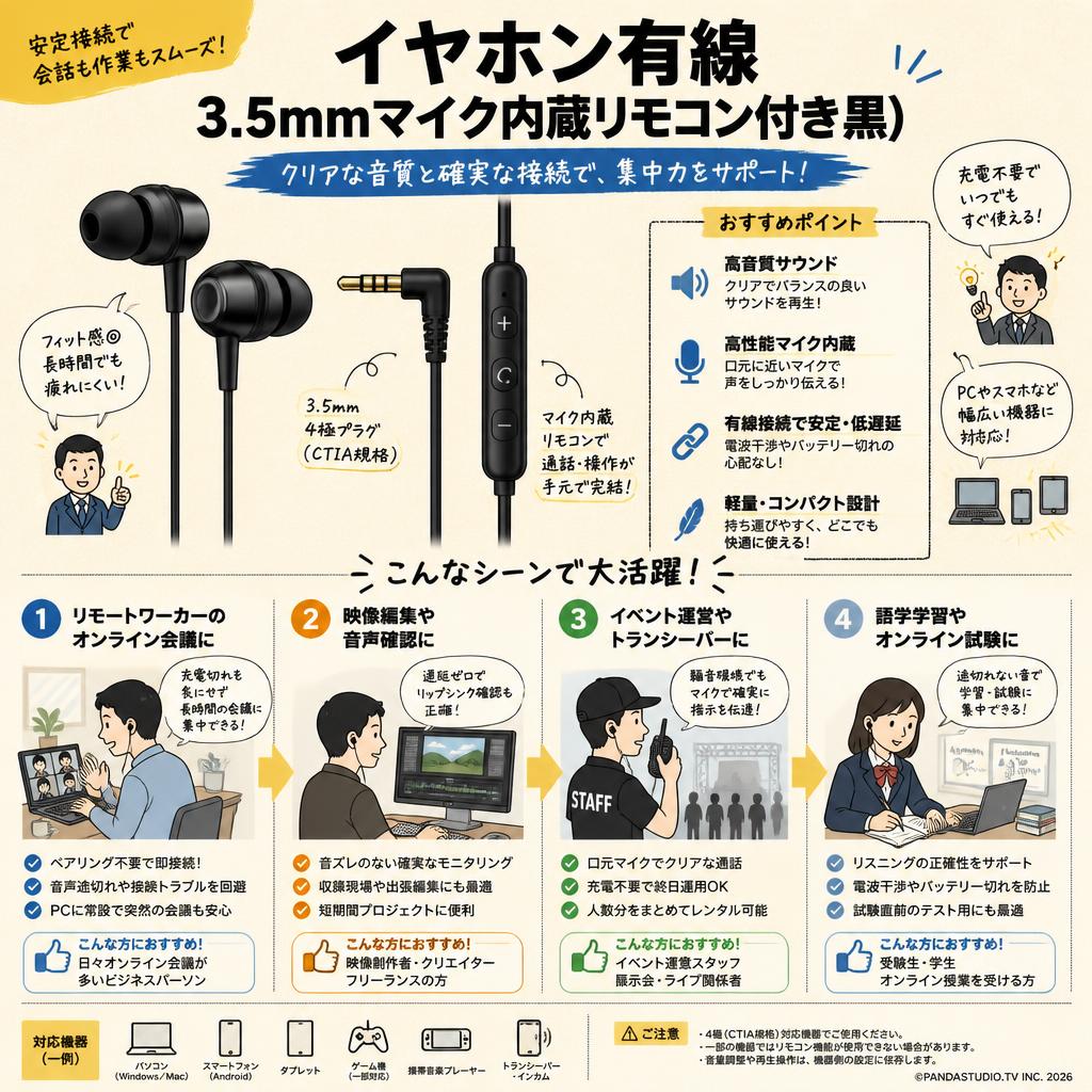 イヤホン有線 3.5mmマイク内蔵リモコン付き(黒） おもな対象のお客様