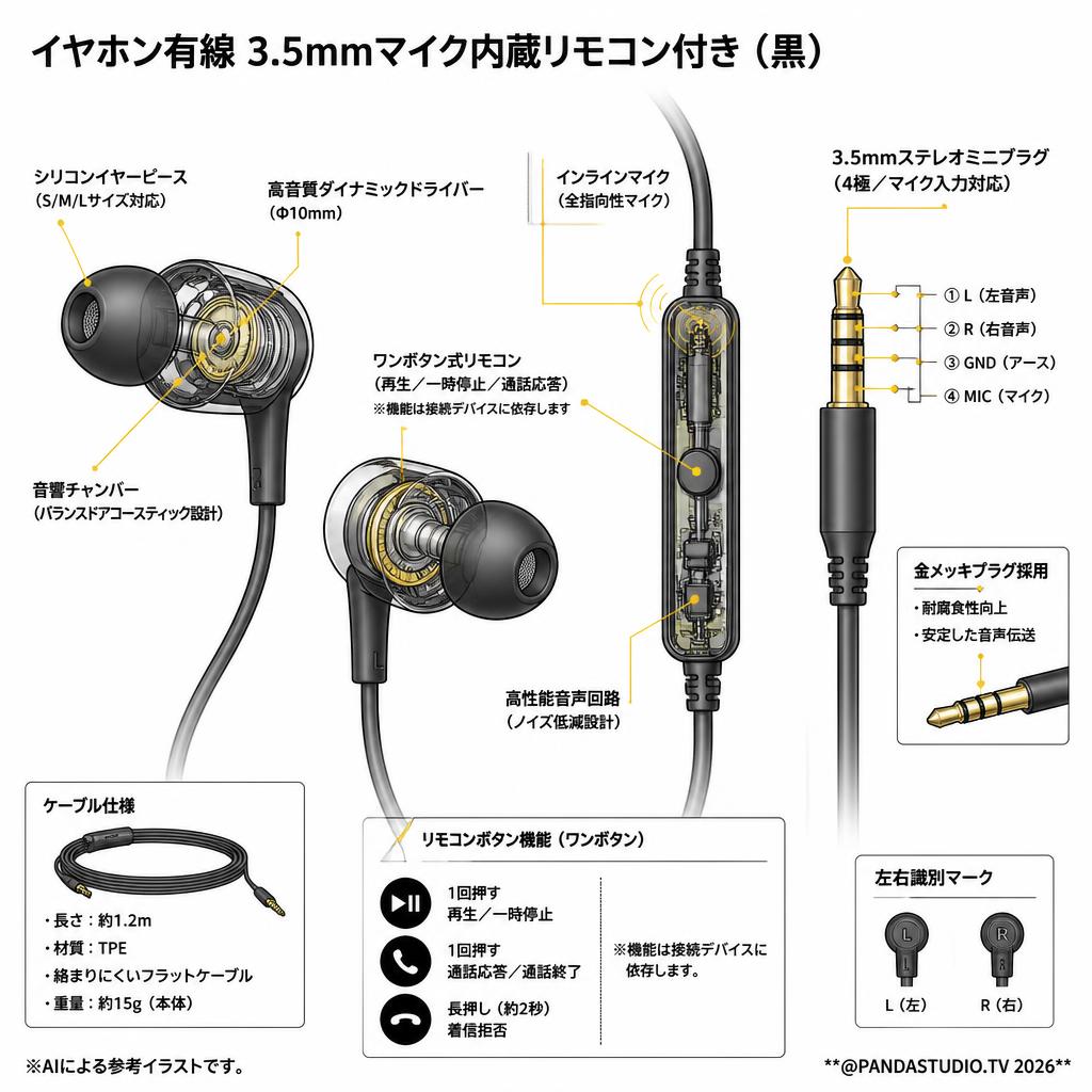 イヤホン有線 3.5mmマイク内蔵リモコン付き(黒） スペック