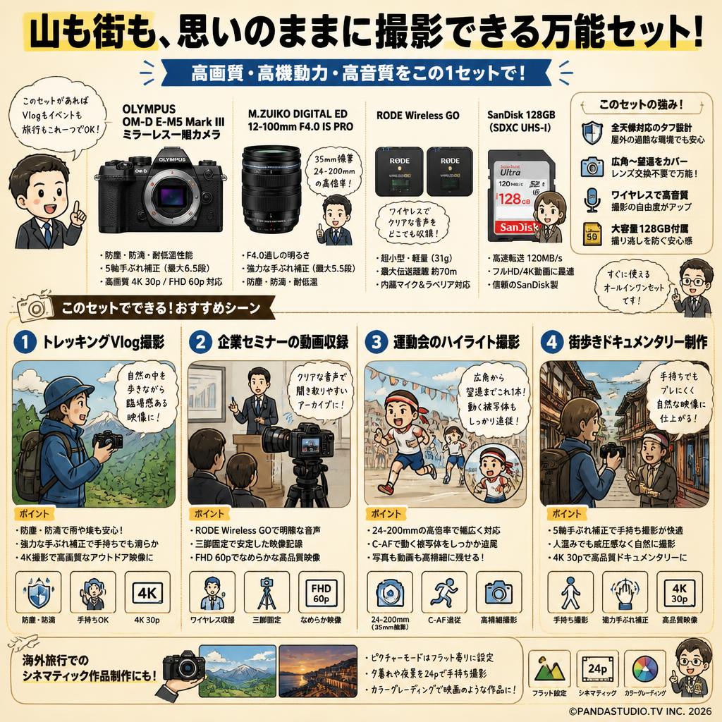 OLYMPUS OM-D E-M5 Mark III ミラーレス一眼カメラ 【M.ZUIKO DIGITAL ED 12-100mm F4.0 IS PRO】【RODE Wireless GO】【SanDisk 128GB】セット 用途