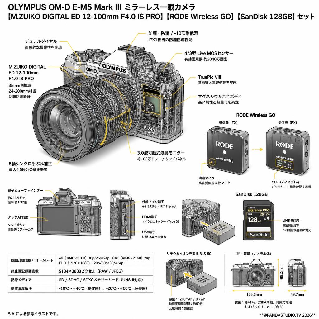 OLYMPUS OM-D E-M5 Mark III ミラーレス一眼カメラ 【M.ZUIKO DIGITAL ED 12-100mm F4.0 IS PRO】【RODE Wireless GO】【SanDisk 128GB】セット スペック
