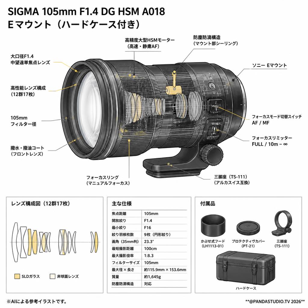 SIGMA 105mm F1.4 DG HSM A018  Eマウント  (ハードケース付き) スペック