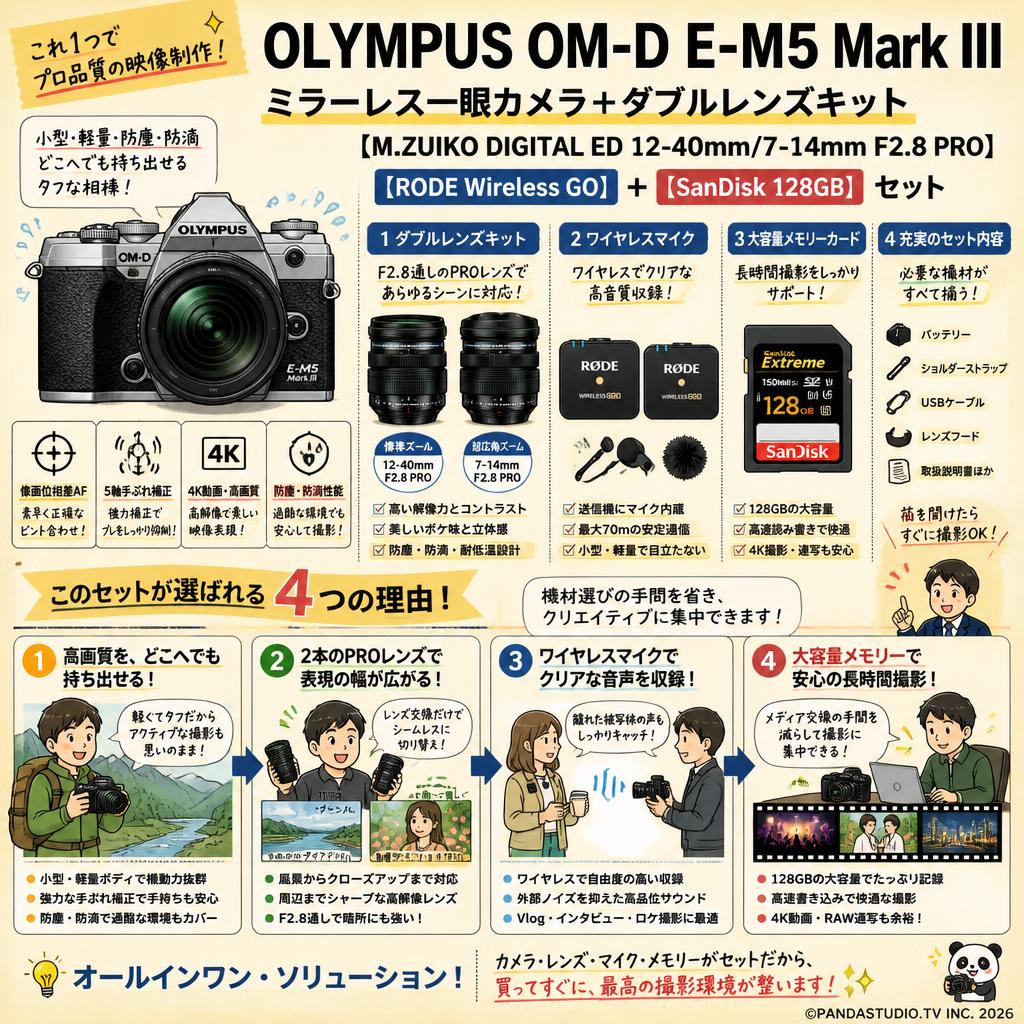OLYMPUS OM-D E-M5 Mark III ミラーレス一眼カメラ ＋ダブルレンズキット【M.ZUIKO DIGITAL ED 12-40mm/7-14mm F2.8 PRO】【RODE Wireless GO】【SanDisk 128GB】セット 概要