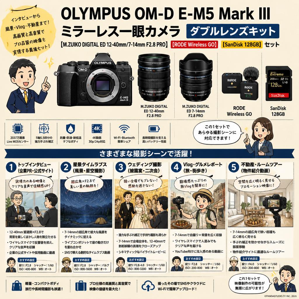 OLYMPUS OM-D E-M5 Mark III ミラーレス一眼カメラ ＋ダブルレンズキット【M.ZUIKO DIGITAL ED 12-40mm/7-14mm F2.8 PRO】【RODE Wireless GO】【SanDisk 128GB】セット 用途