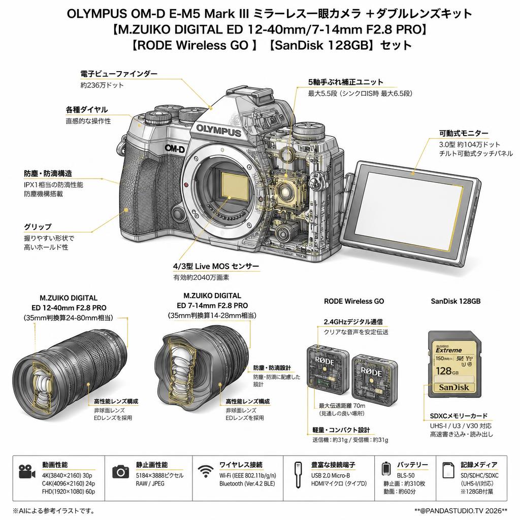 OLYMPUS OM-D E-M5 Mark III ミラーレス一眼カメラ ＋ダブルレンズキット【M.ZUIKO DIGITAL ED 12-40mm/7-14mm F2.8 PRO】【RODE Wireless GO】【SanDisk 128GB】セット スペック