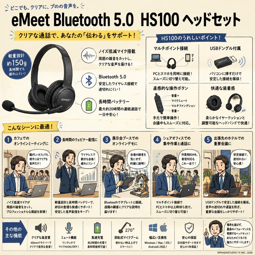 eMeet Bluetooth 5.0  HS100 ヘッドセット 用途