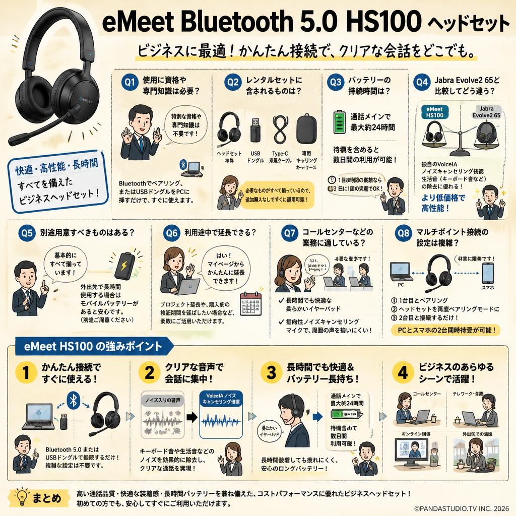 eMeet Bluetooth 5.0  HS100 ヘッドセット FAQ（よくある質問と答え）