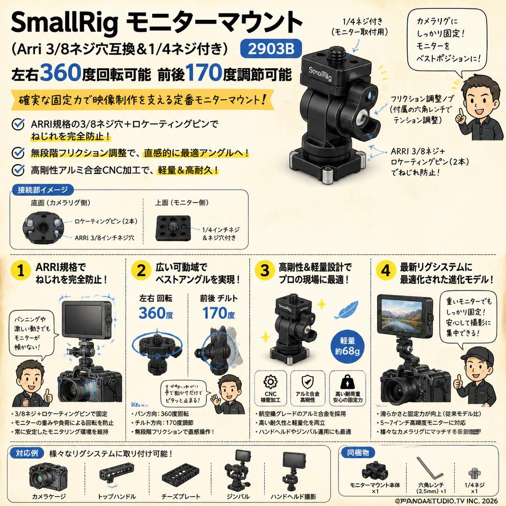 SmallRig モニターマウント（Arri 3/8ネジ穴互換＆1/4ネジ付き） 左右360度回転可能 前後170度調節可能 2903B 概要