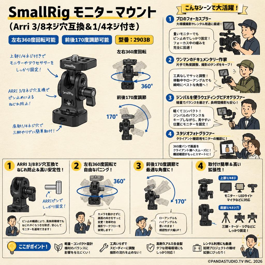 SmallRig モニターマウント（Arri 3/8ネジ穴互換＆1/4ネジ付き） 左右360度回転可能 前後170度調節可能 2903B おもな対象のお客様
