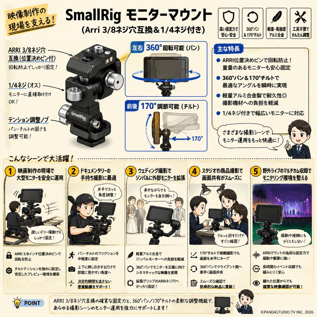 SmallRig モニターマウント（Arri 3/8ネジ穴互換＆1/4ネジ付き） 左右360度回転可能 前後170度調節可能 2903B 用途